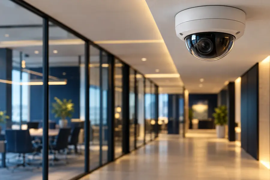 Dome CCTV camera in a modern office corridor