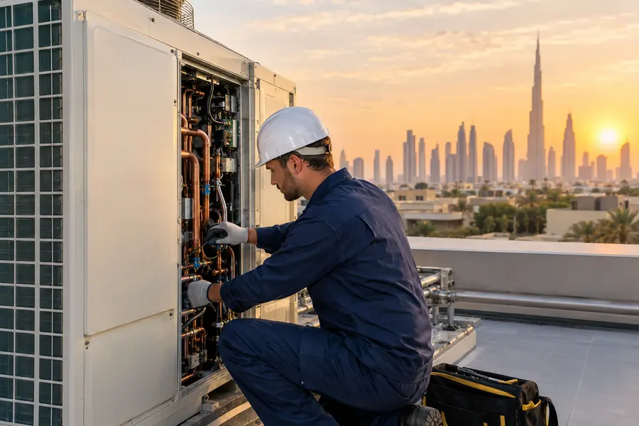 HVAC technician servicing a rooftop air-conditioning unit in Dubai